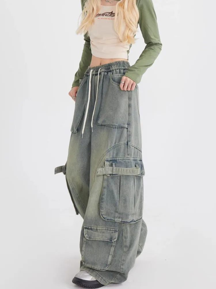 Multi-Pocket Cargo Pants Y2k Retro High Street Fashion High Waist Jeans Couple Harajuku Simple Casual Wide Leg Pants