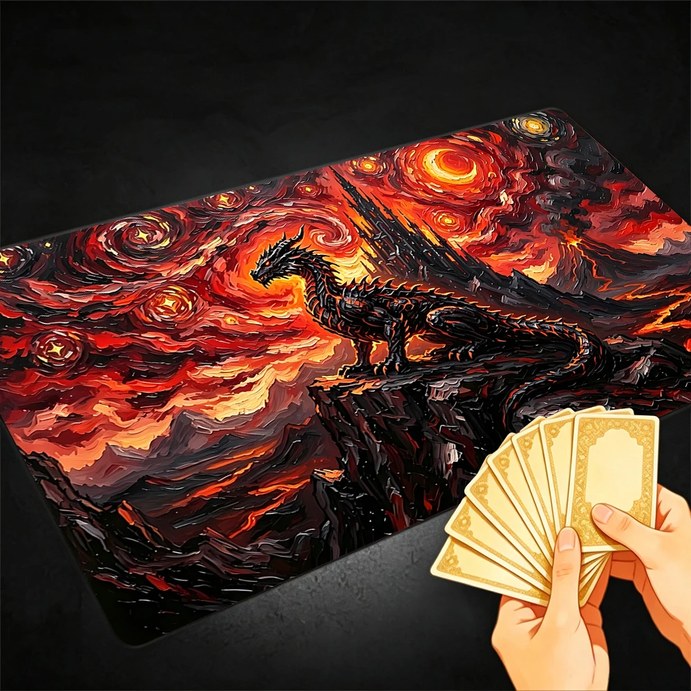Volcanic Lava Black Dragon TCG Playmat Magic Playmat Gathering Gaming Mat with Stitched Edge Anti-slip base Trading Card Game