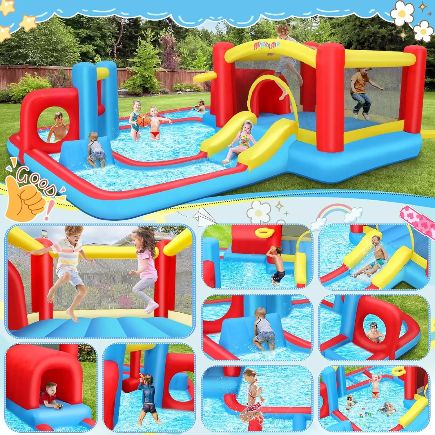 Nadmuchiwana zjeżdżalnia wodna Bounce House, 14,3x14,3 stopy labirynt park wodny tor przeszkód z obszarem skoku, basen plusk, przeszkoda, zjeżdżalnia, poncz