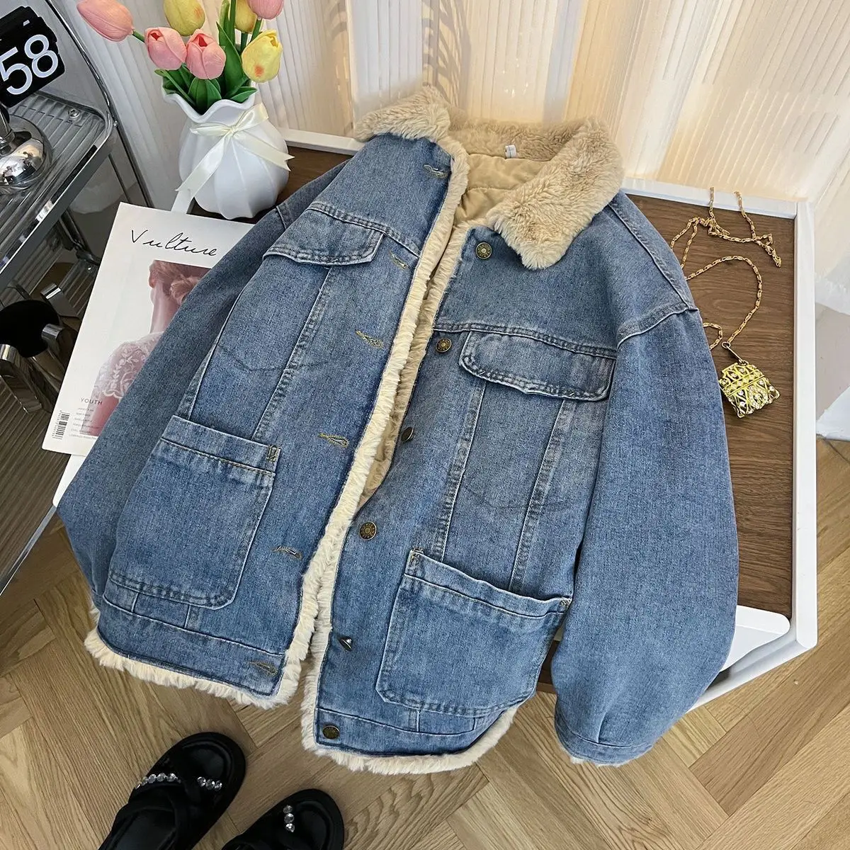 

Denim Coat Buttions Fur Plush Womens Fall Soft Slim-Fit Standneck Nomadic Style Urban Travel Button-Down Puffed Wind-Proof Daily