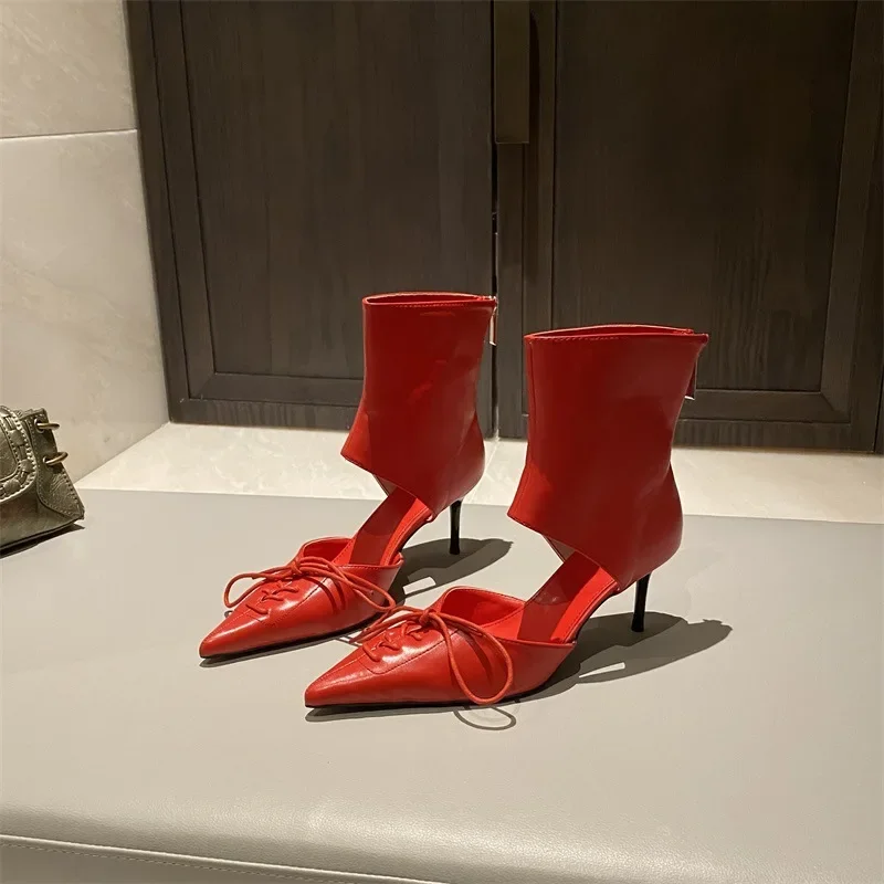 Hollow Sandals Pointed Toe Sexy Red Ankle Short Boots Cross-tied Butterfly-knot Back Zipper Thin High Heels Summer Women Shoes