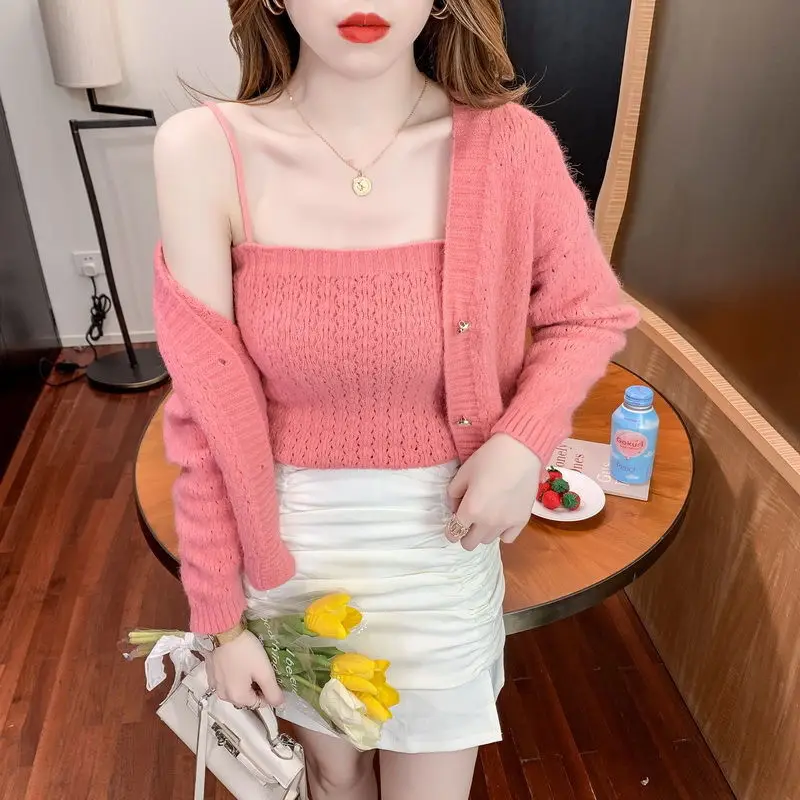 Women\'s Knitted Cardigan Jacket with Suspender Sweater Two-piece Set Korean Fashion Women Clothing Spring and Autumn Top Pink