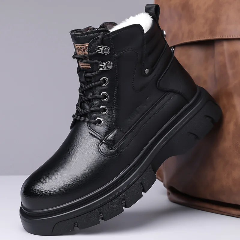 

Outdoor Sports Workwear Boots Velvet Warm Lace-up Men's Winter Cotton Casual Leather Shoes High-cut Thick Soles Increased Boots