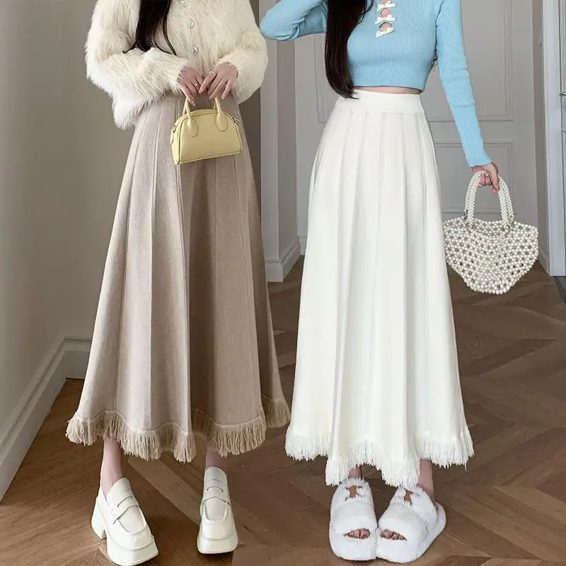 Women Thick Midi Skirt Elegant Autumn Winter Fashion Tassel Warm Knitwear Female Casual High Waist A-line Long Skirts E2107