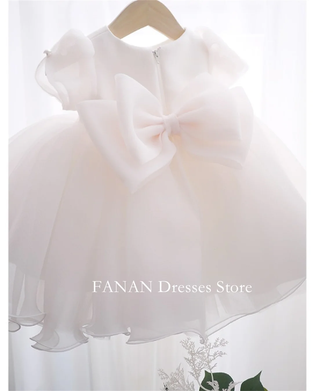 FANAN-Vestido de Baile Elegante Princesa Organza para Crianças, Vestidos Bonitos Flower Girl, Laço Branco, Festa de Aniversário, Primeira Comunhão