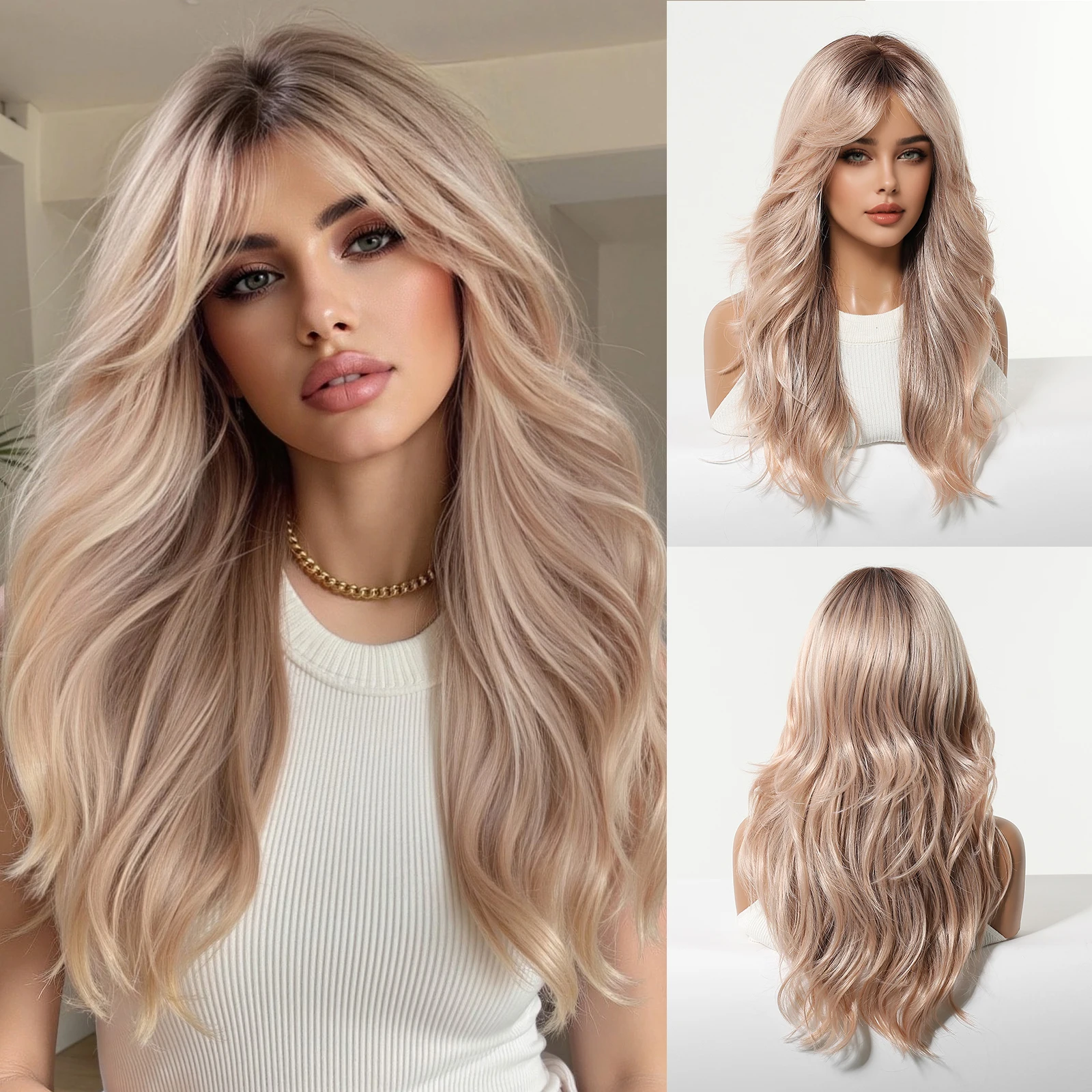 22 Inch Long Wavy Synthetic Wigs for Women Rooted Balayage Pink Blonde Hair with Curtain Bangs Natural Layered Wig Daily Wear