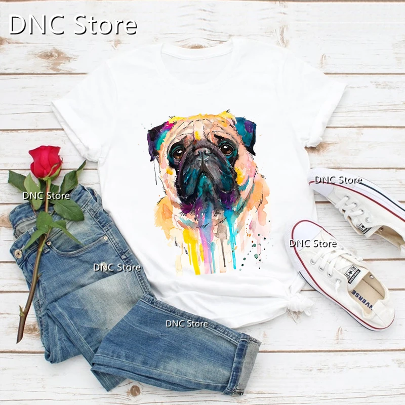 Fashion Watercolor Famous Dog Print T Shirt Beagle Poodle Poodle Hound Doberman pug T-Shirt Graphic Women Female Clothing Tops