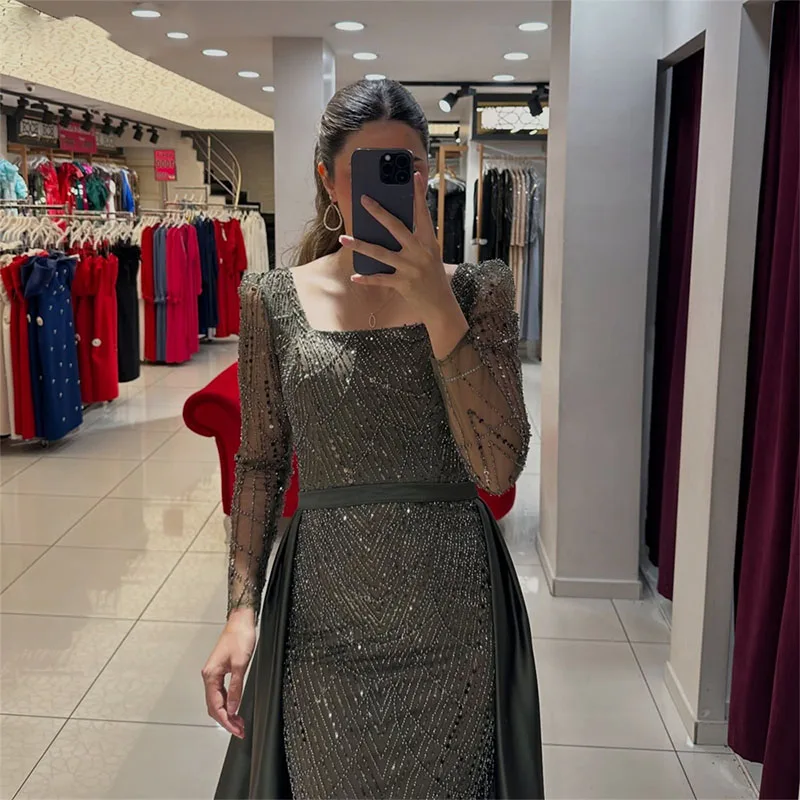 Manmuxi maßgeschneidertes olivfarbenes Meerjungfrau-Abschlussballkleid mit Perlen, Vestidos de Noche, bodenlanger formeller Abend