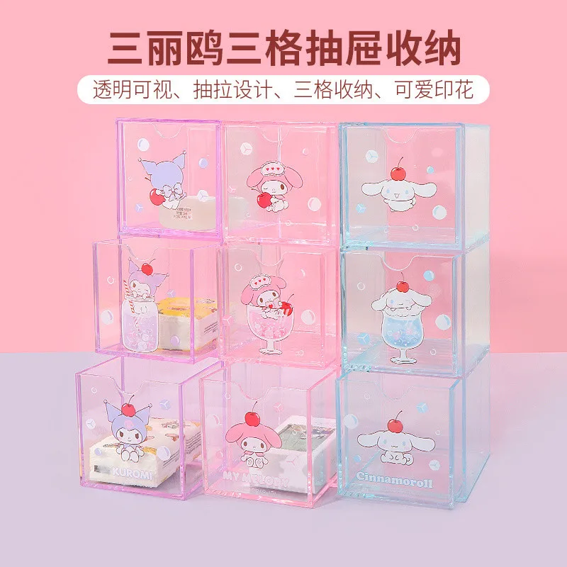 Miniso Sanrio Kuromi Melody Cinnamoroll caja de almacenamiento de escritorio Linda joyería transparente dulces tres cajones StorageRack HomeGoods regalo para niña