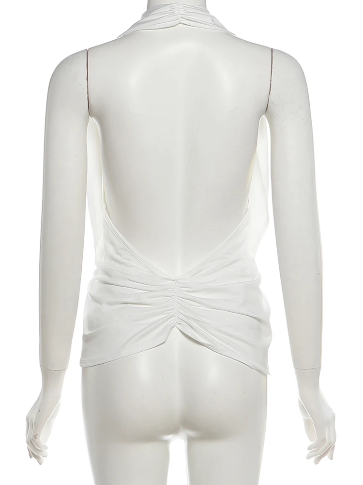 Weird Puss Tanktop mit Kreuzschliff und Neckholder-Ausschnitt für Damen, schlicht, sexy, gerafft, unregelmäßiger Rückenausschnitt, modisch, klassisch, Party, Club, Streetwear – Detail 5