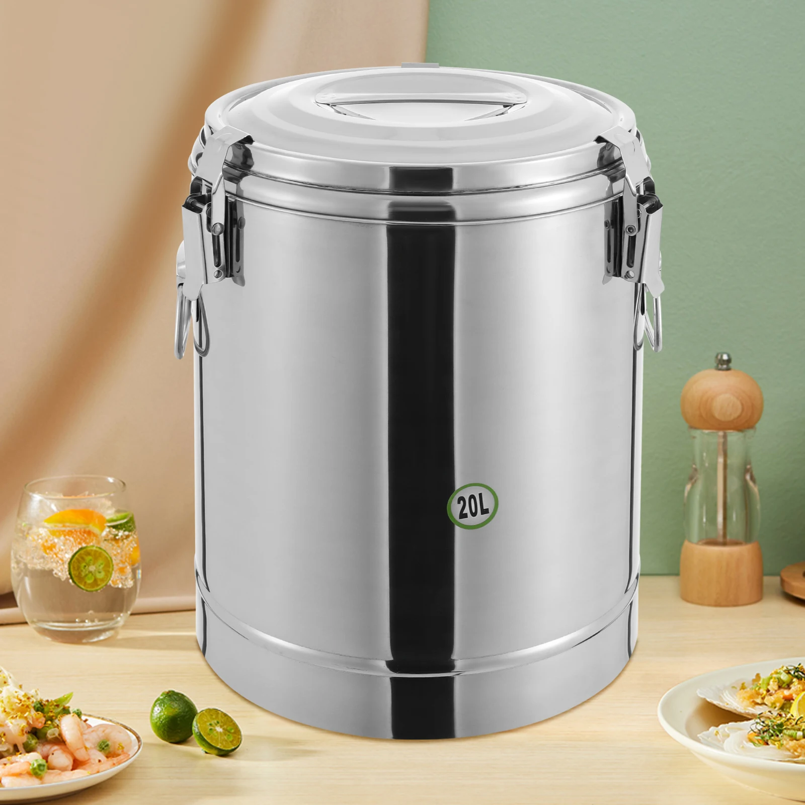 Cubo aislado de acero inoxidable de 20 L, recipiente para sopa aislado sellado con tapa y asas, transportador de sopa aislado, plateado