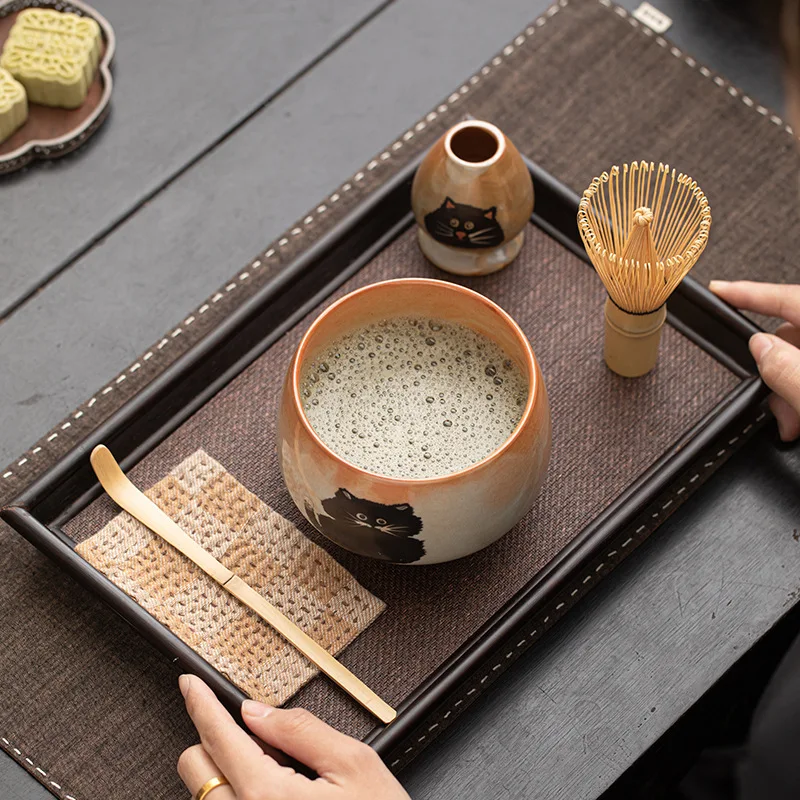 2-4PCS ​Shino-neko Creative Ceramic Matcha Set: Chasen-stand Matcha Bowl, Hyakuhon-ri Tea Scoop, and Full Whisking Tool Set.​