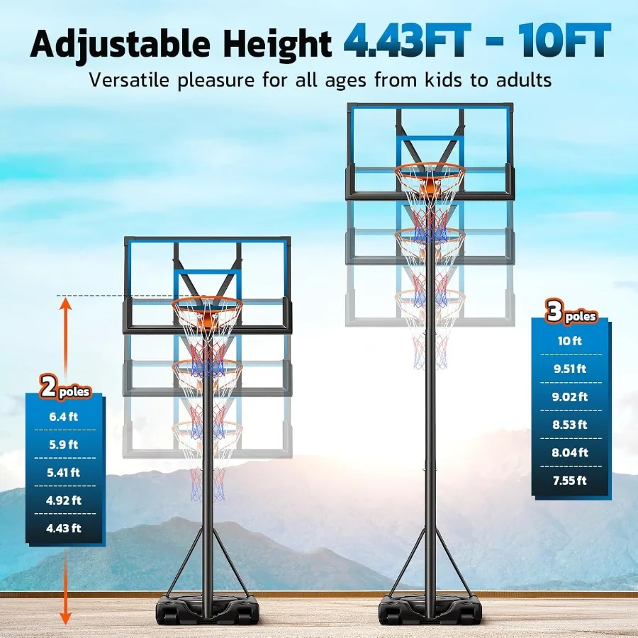 طوق كرة سلة خارجي 46 بطول 10 أقدام مع ارتفاع قابل للتعديل للشباب والمراهقين والكبار، هدف كرة سلة محمول يتميز بمتين