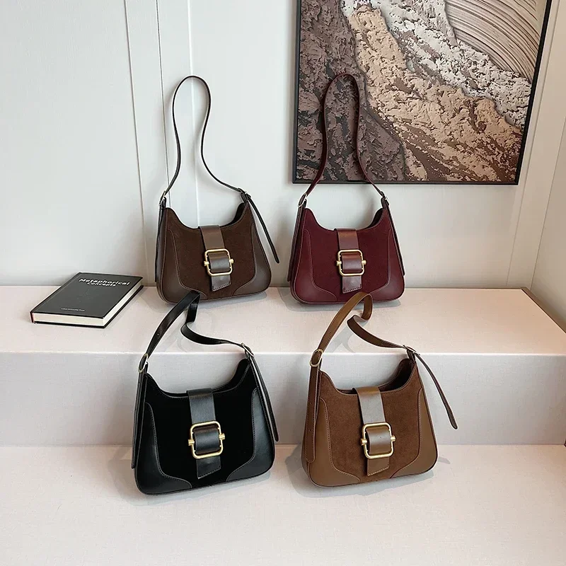 PU Faux Suede Stitching Fashion Shoulder Bag Solid Color Sewing Thread Zipper Hasp Crossbody Bag 2024 Hot Sale Bags for Women