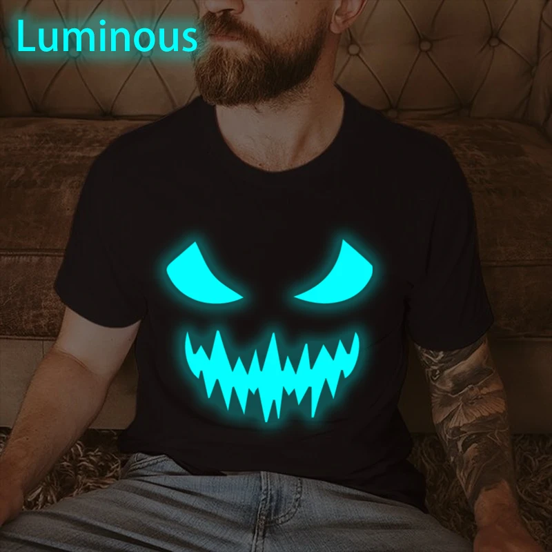 

2026 Luminous Horror Movies Skull Face Men's Clothes Casual Short Sleeve Halloween Humor Streetwear Unisex Tops Gifts