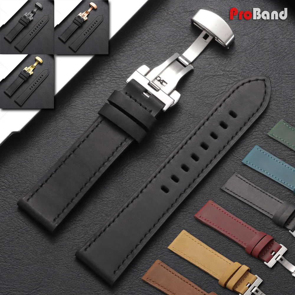 

Crazy Horse Cowhide Watch Strap Band 18mm 20mm 22mm 24mm Butterfly Buckle Brown Green Smartwatch Bracelets for Omega for Seiko