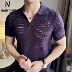 Purple Men's V-neck Polo Shirt, Everyday Casual Short-sleeved Top, Stylish Men's Hollow Knit Shirt.2024 New 3XL-M