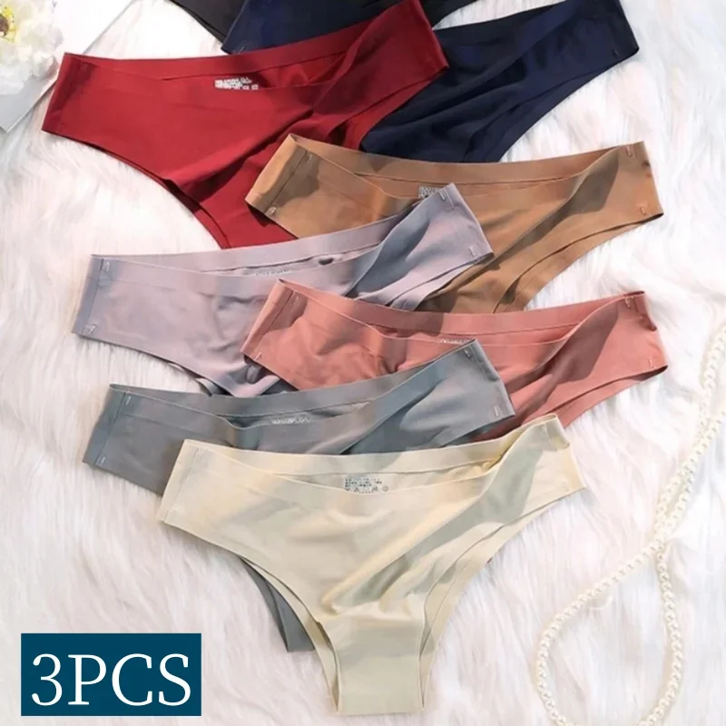 3 pçs/set calcinha sem costura feminina sexy roupa interior de seda gelo baixo aumento feminino sólido ultra-fino lingerie