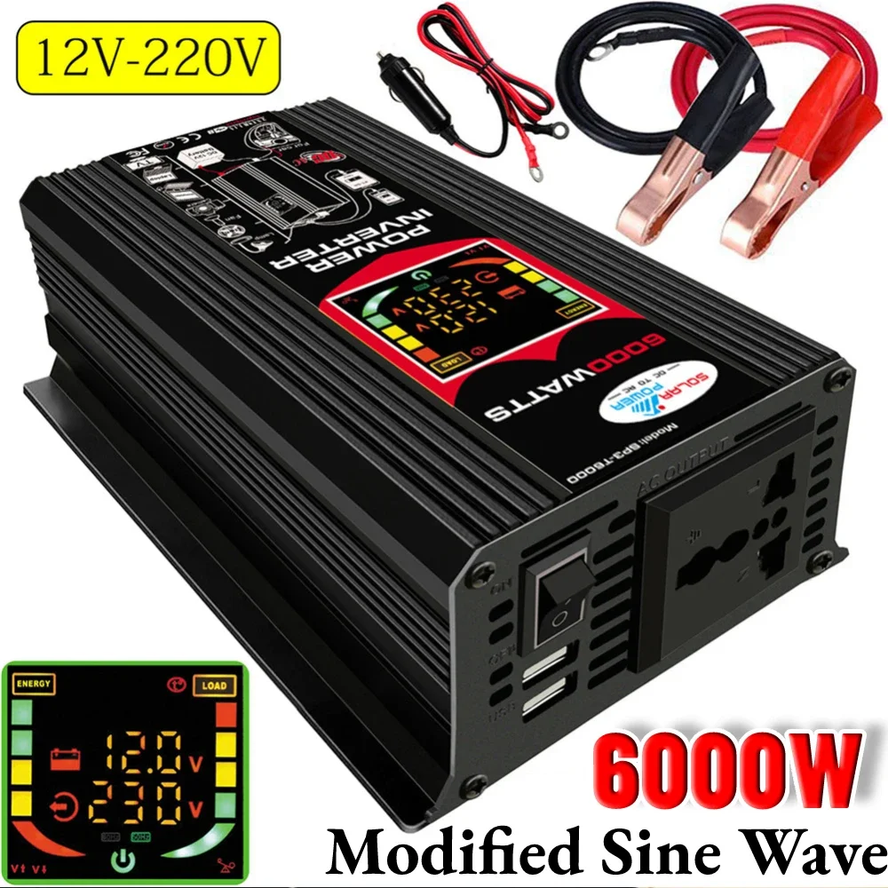 6000W Car Inverter Dual USB Intelligent Power Inverter DC 12V To AC 110V 220V Vehicle Smart Inverter LCD Display for iPad Phone