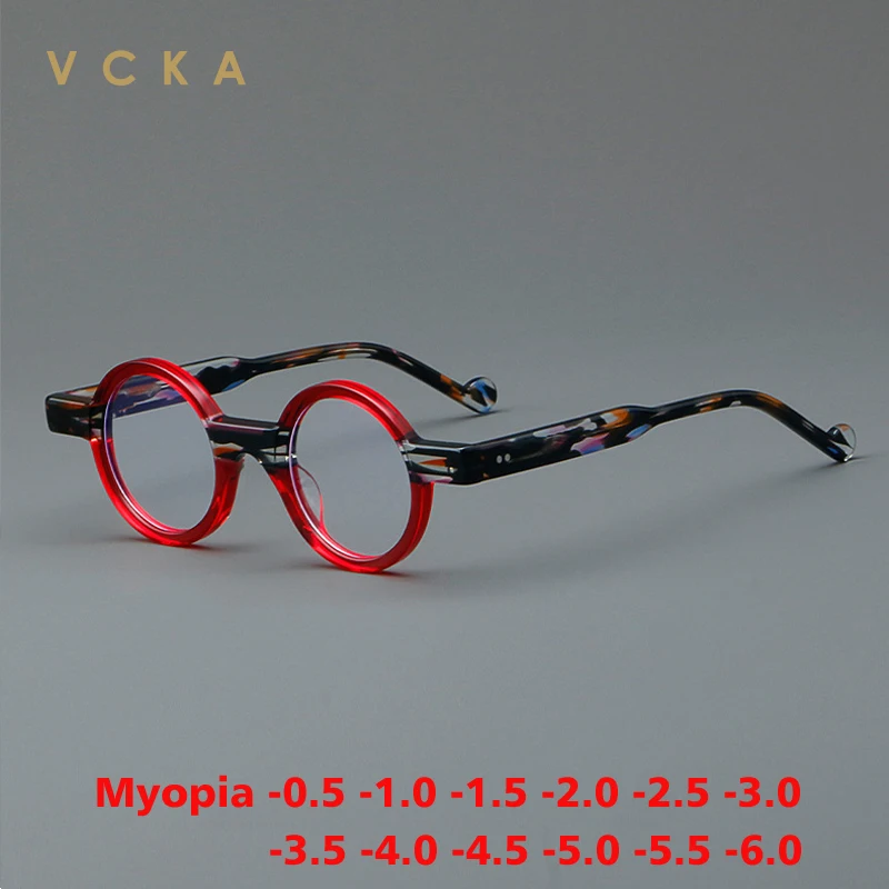 VCKA Round Vintage Acetate Myopia Glasses Frame Men Custom Optical Prescription Eyeglasses Women Luxury Eyewear -0.5 to -10