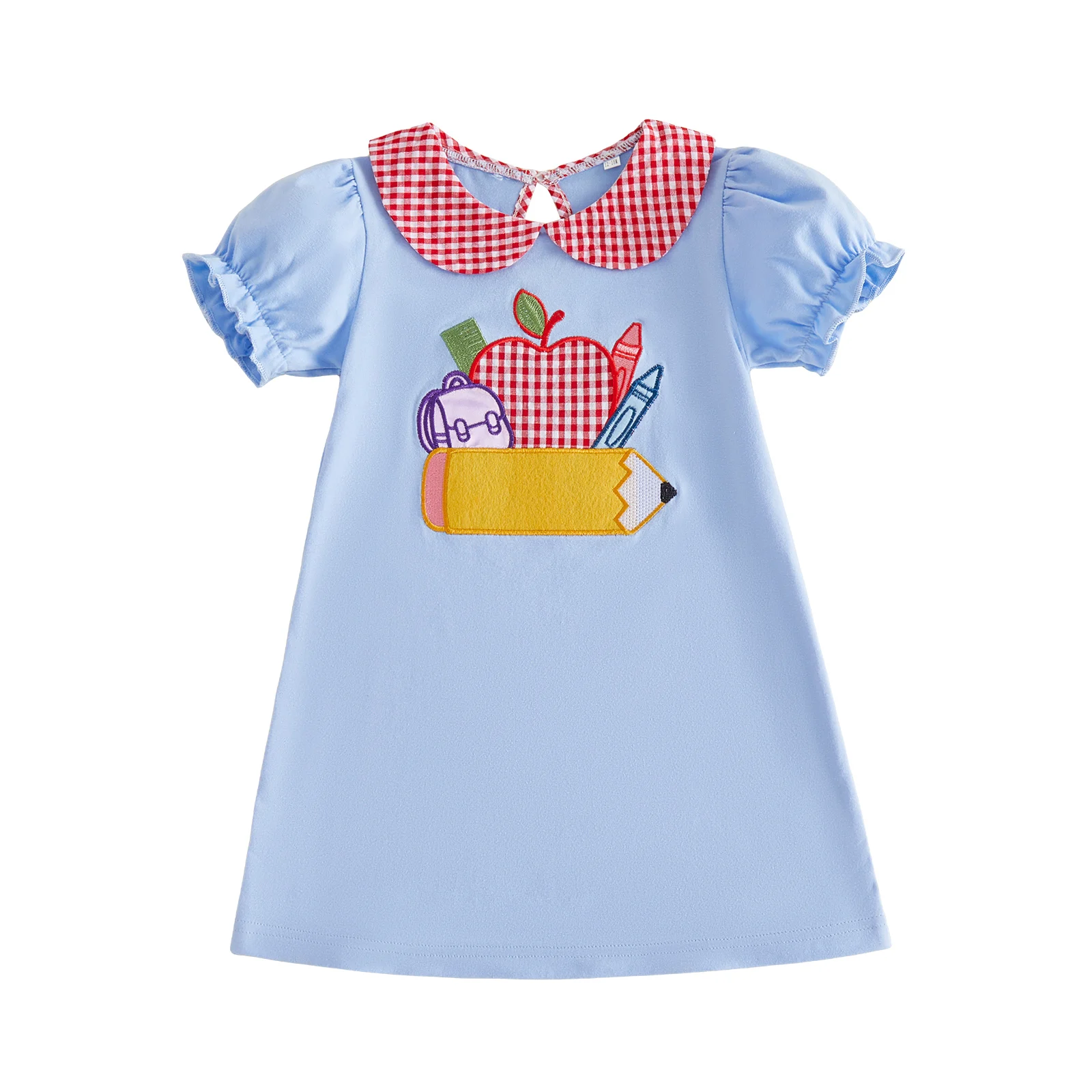 Toddler Baby Girls Back to School Dress Adorable Apple Pencil Embroidery Short Sleeve Doll Collar Dress