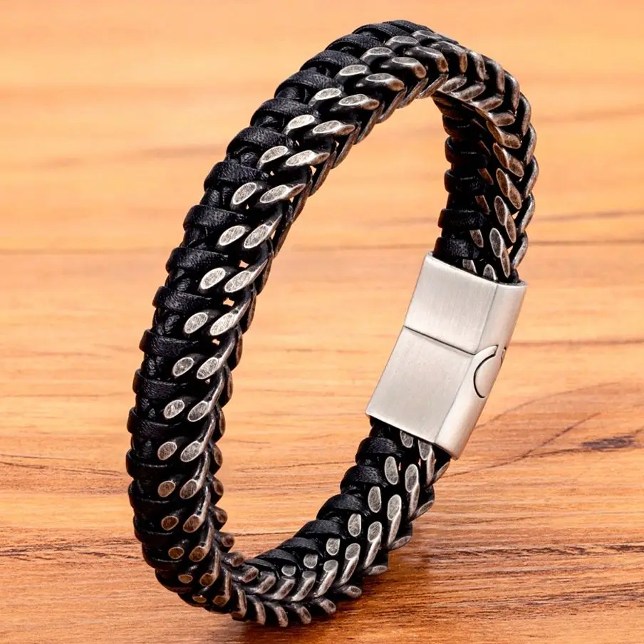 XQNI Luxury Vintage Handmade Leather Braid Men Bracelet Stainless Steel Buckle Business Men\'s Bangles For Friend Partner Lovers