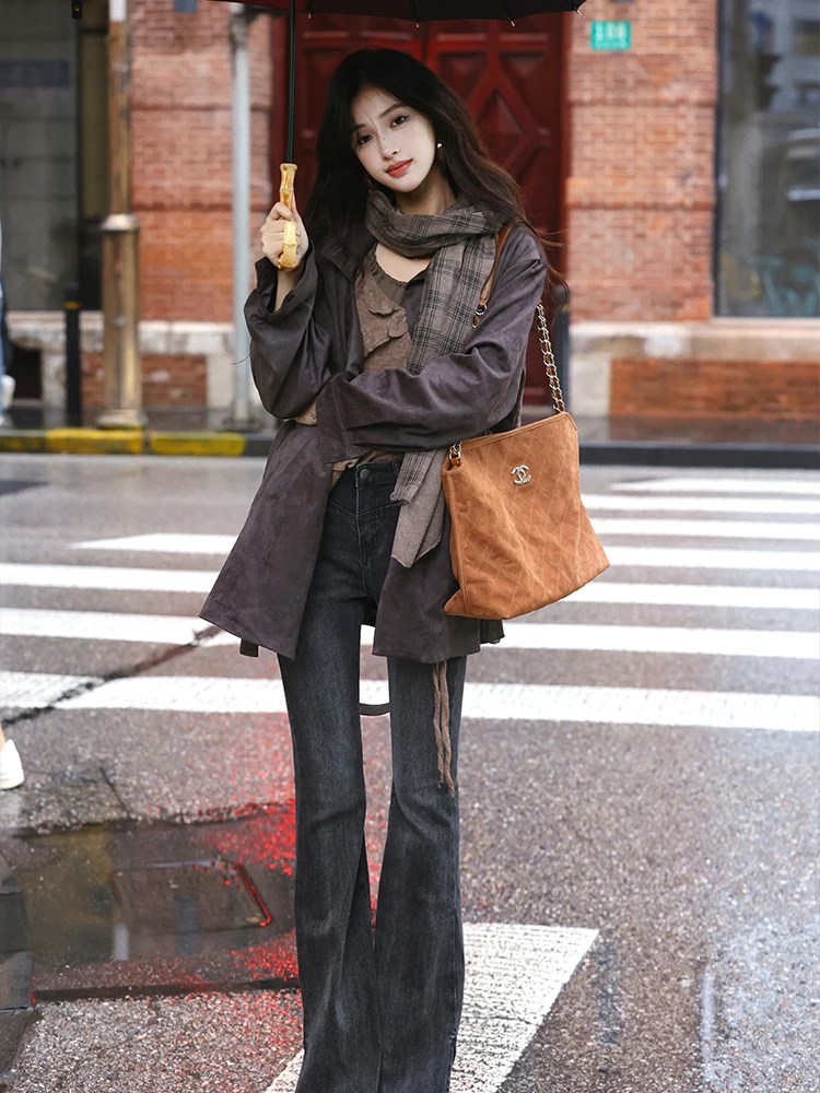 Vintage Sle AZure Kunstleder-Samt-Mantel mit Stehkragen, mittellang, warme Damen-Oberbekleidung aus Polyesterfaser