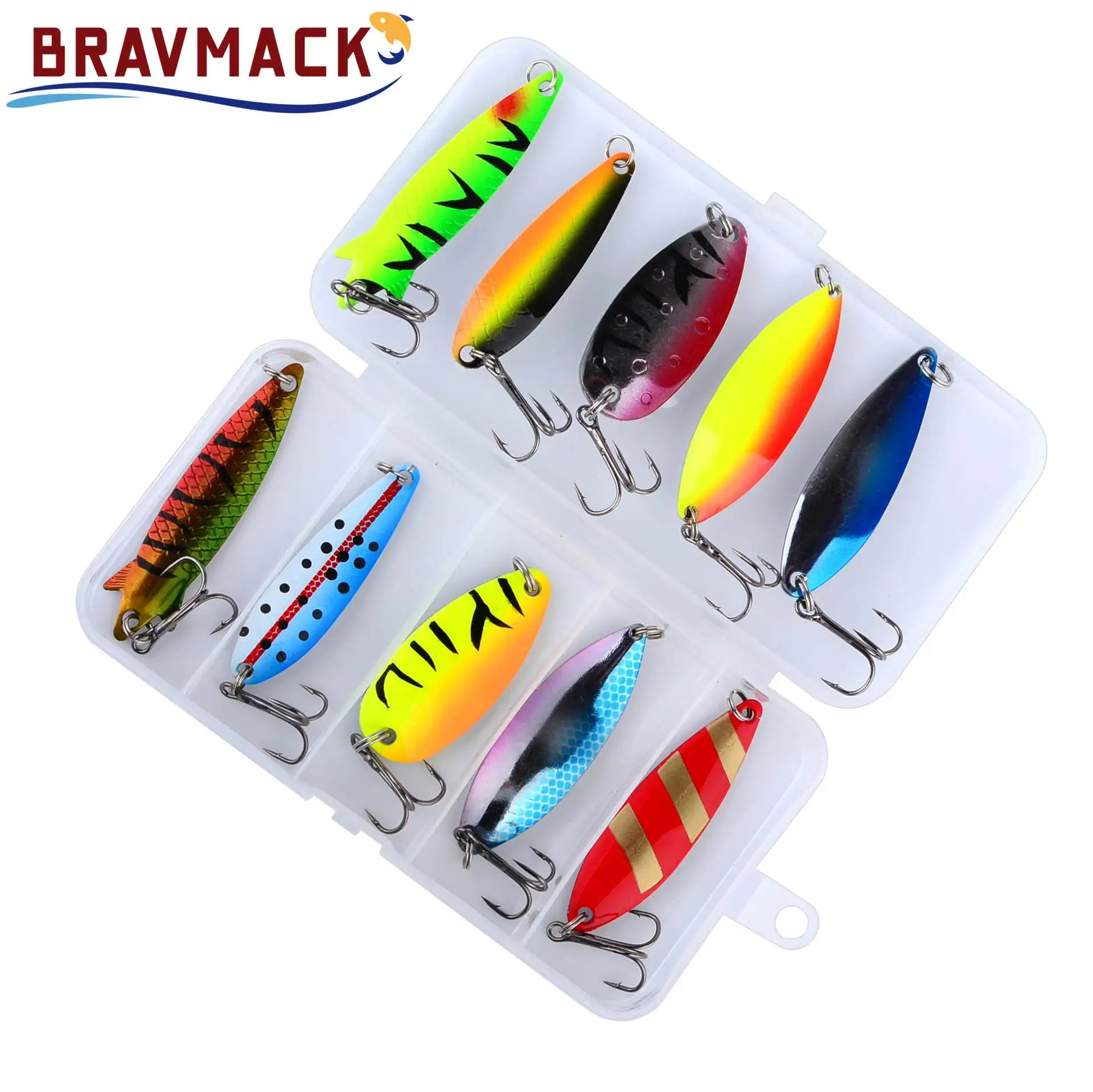 BRAVMACK 10-teiliges Set Bunte Hartmetall-Löffelköder Spinner Wobbler Köder Karpfen Süßwasser Salzwasser Angelzubehör Set