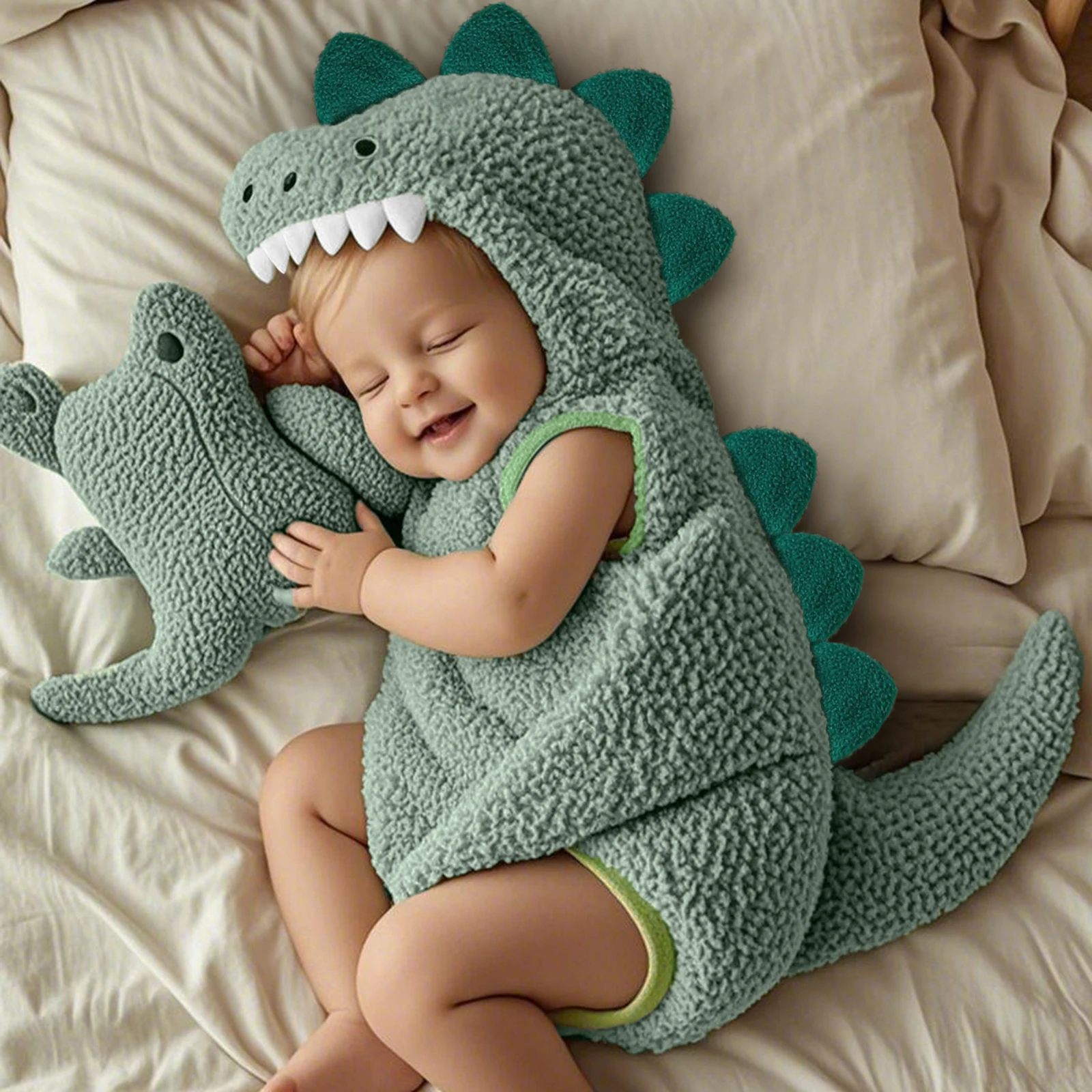 Halloween New Green Dinosaur Plush Hooded Romper for Newborn Baby Cartoon Infant Sleeveless Daily Wear Birthday Casual Outfit