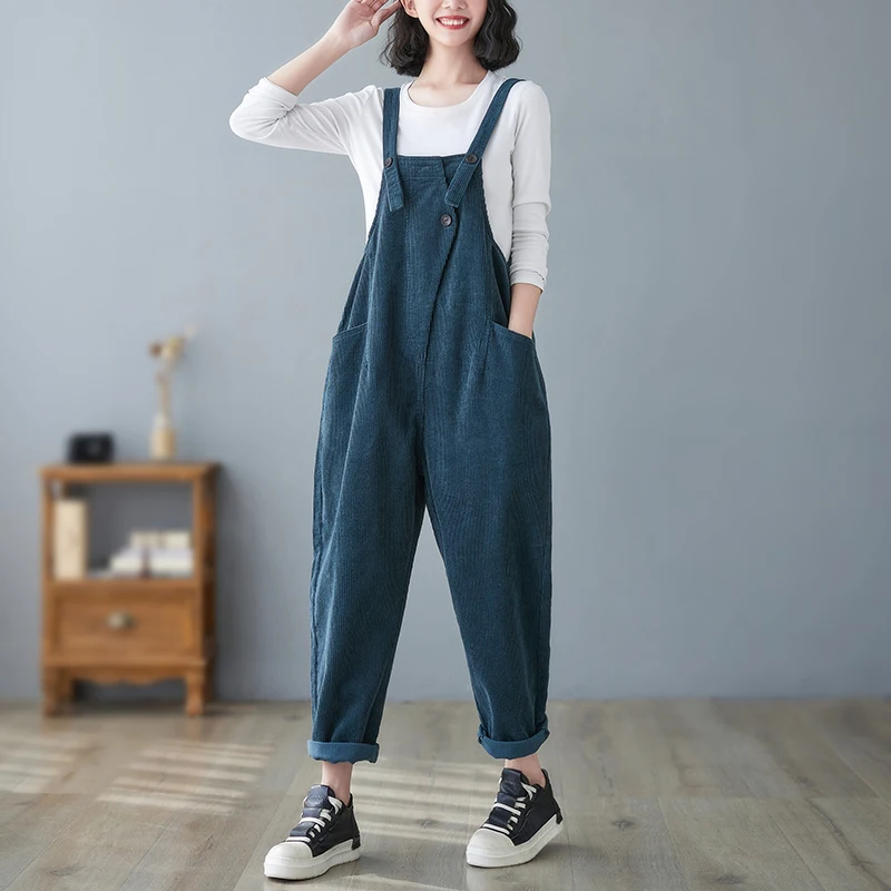 Winter Cotton Warm Corduroy Jumpsuits For Women Casual Streetwear Loose Wide Leg Overalls Big Size Rompers Straps Baggy Pants