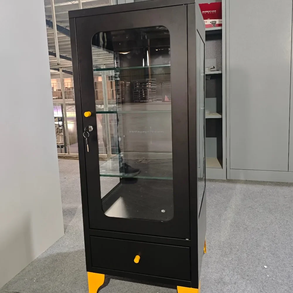 Modern Style 3 Glass Layers 1 Drawer Key Storage CD Display Metal Cabinet Glass Cabinet Steel Framed Upright Glass Showcase