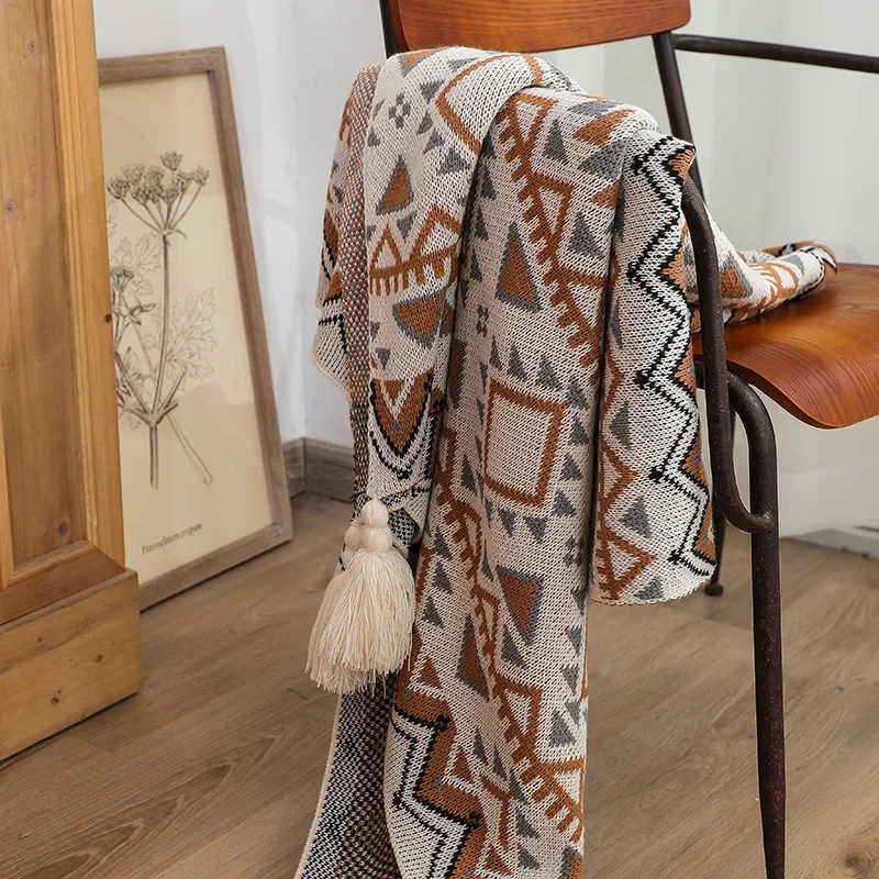 Boho Southwestern Fringed Throw Blanket Desert Sun Glow Ethnic Geometric Pattern Woven Cover For Couch Bedroom Outdoor Indoor