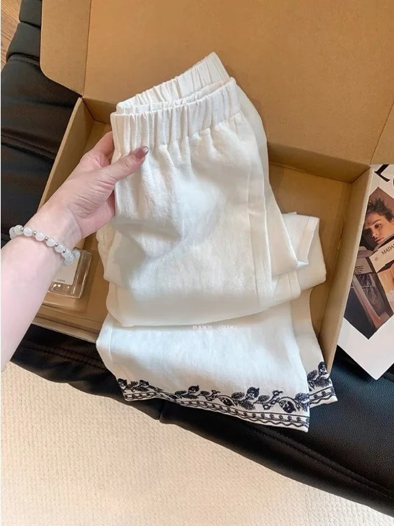 

Contrast Stitching Straight Leg Linen Pants plus Size Women's Summer Anti-Aging Elegant Casual Wide Leg Pants