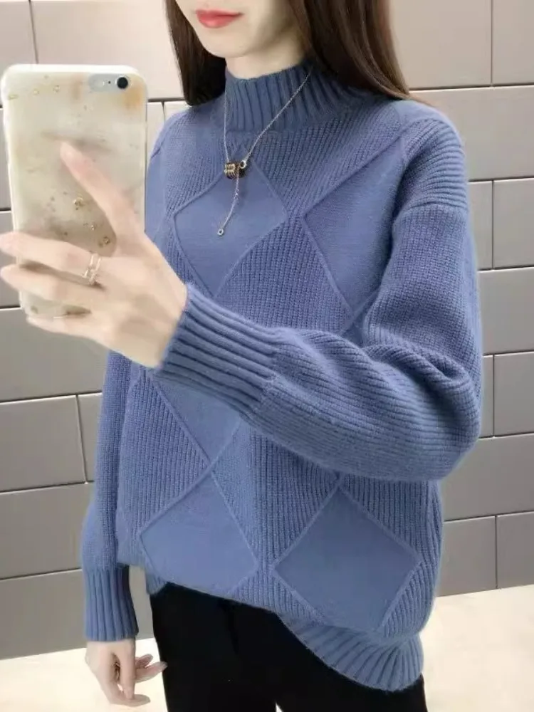 ゆったりとした女性用ニットセーター-ハーフハイカラー-プラスサイズ-インナーウェア-韓国風-大きいサイズ-秋冬新作