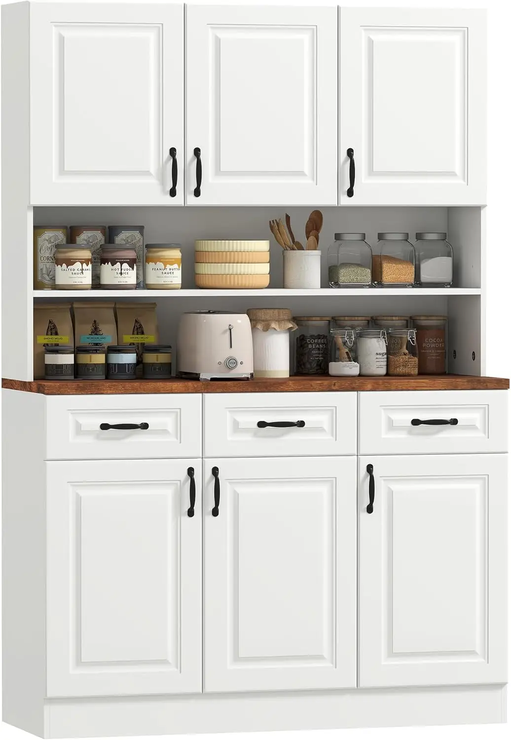 71' Kitchen Pantry Cabinet, Freestanding Farmhouse Storage Cabinet with Wide 2-Tier Microwave Stand Countertop, 3 Drawers, 6