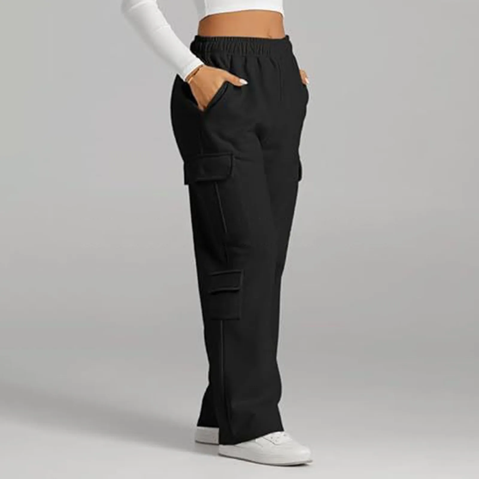 Womens Cargo Sweatpants Wide Leg Fleece Lined Pants For Women Fall Winter Baggy High Waisted Joggers Pant With Pockets Mujer