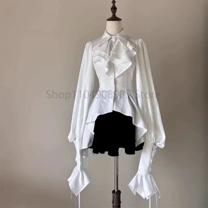

Lolita White Shirts Women Gothic Irregular Black Blouses Kawaii Aesthetic Ruffles Lace Bandage Flare Sleeve Tops
