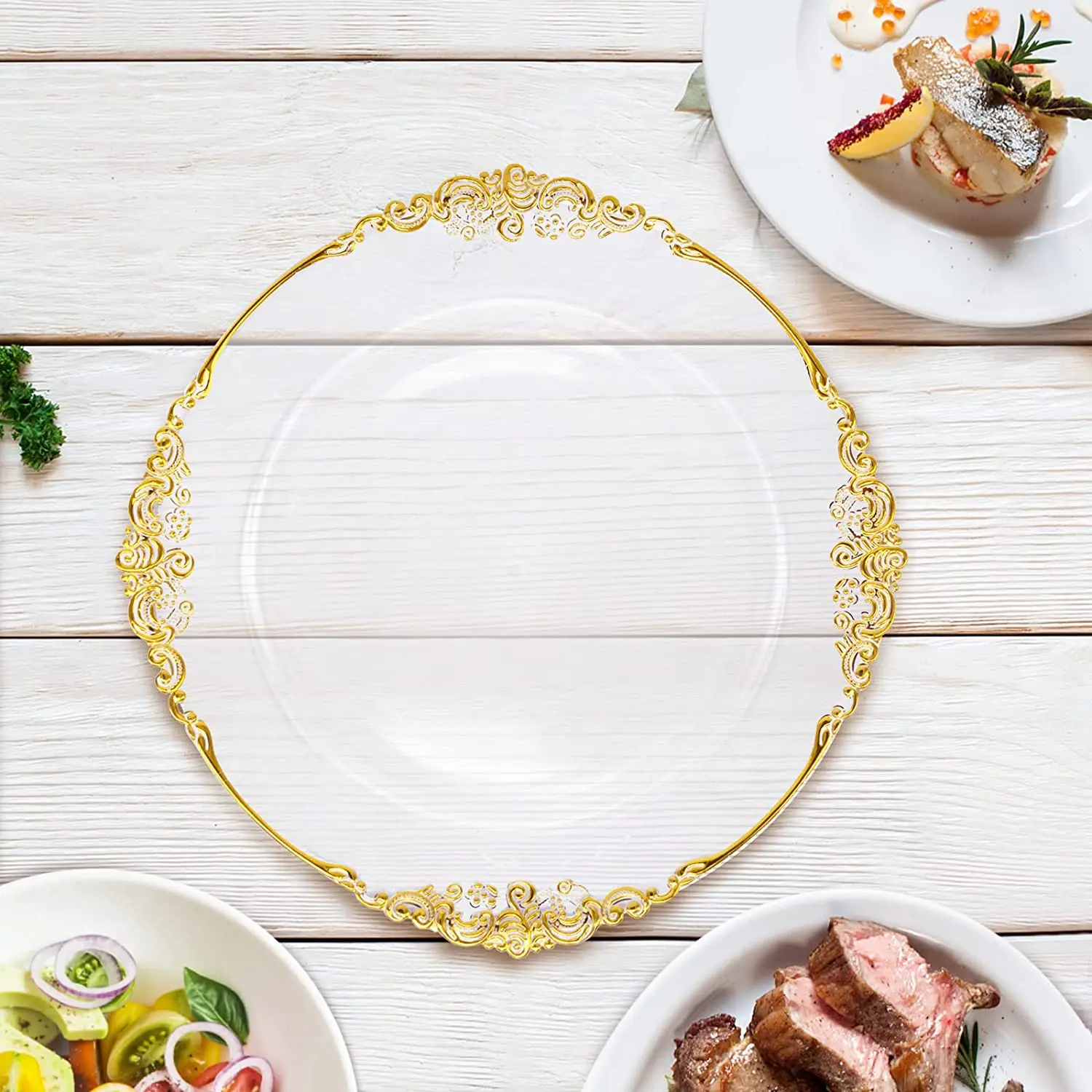 Clear Gold Antique Charger Plates Set of 100, 13