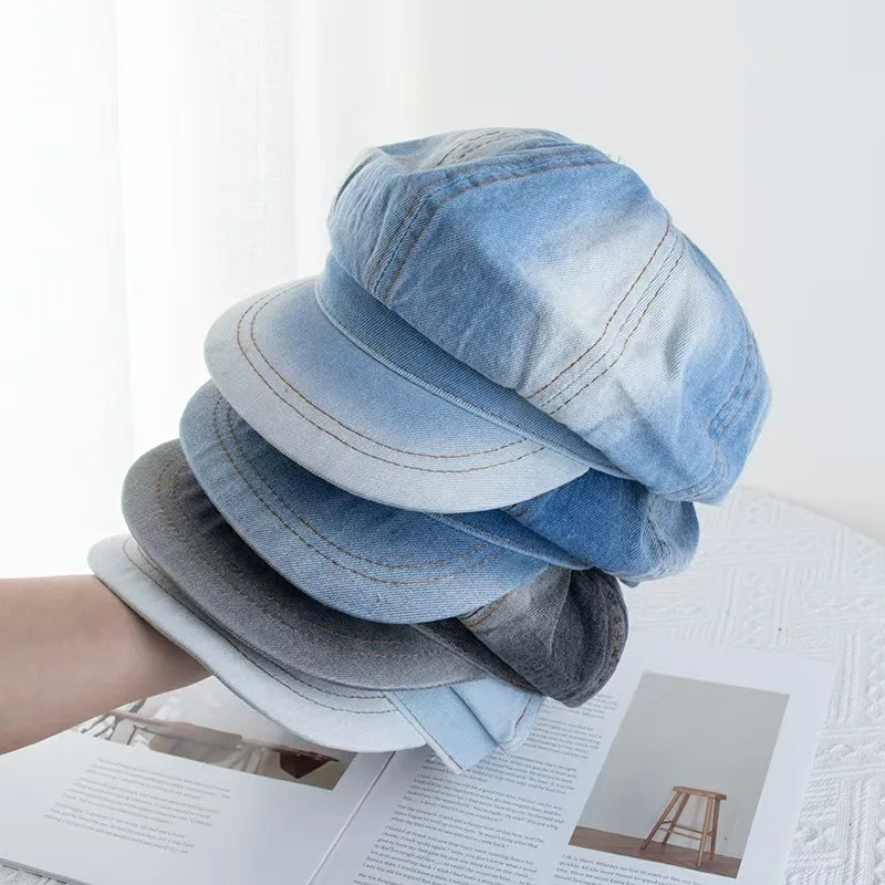 

Cappelli ottagonali da donna vintage in denim Cappelli classici da strillone in cotone lavato Cappello da berretto a tesa piatta