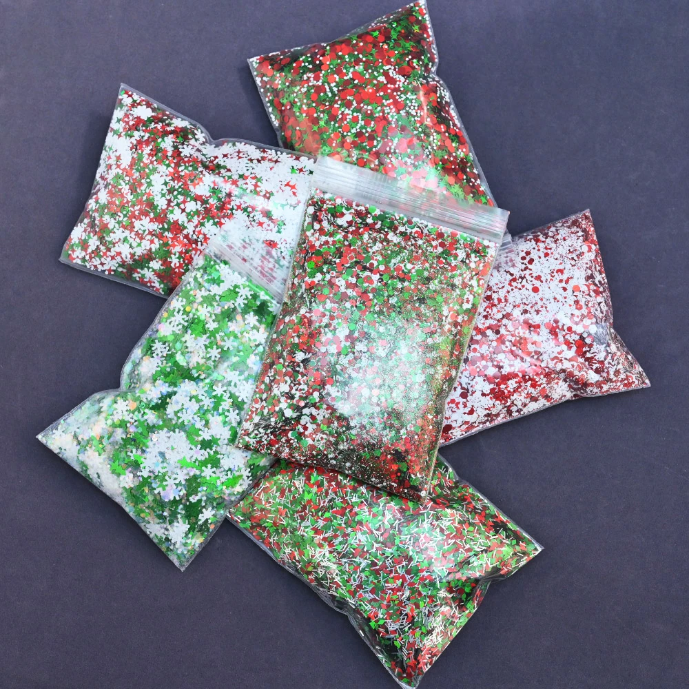 Christmas Nail Glitter Sequins para Manicure, Floco de Neve, Árvore, Hexágono, Círculo, Borboleta, Losango, Vermelho, Verde, Floco Branco, 50g, 1 Saco
