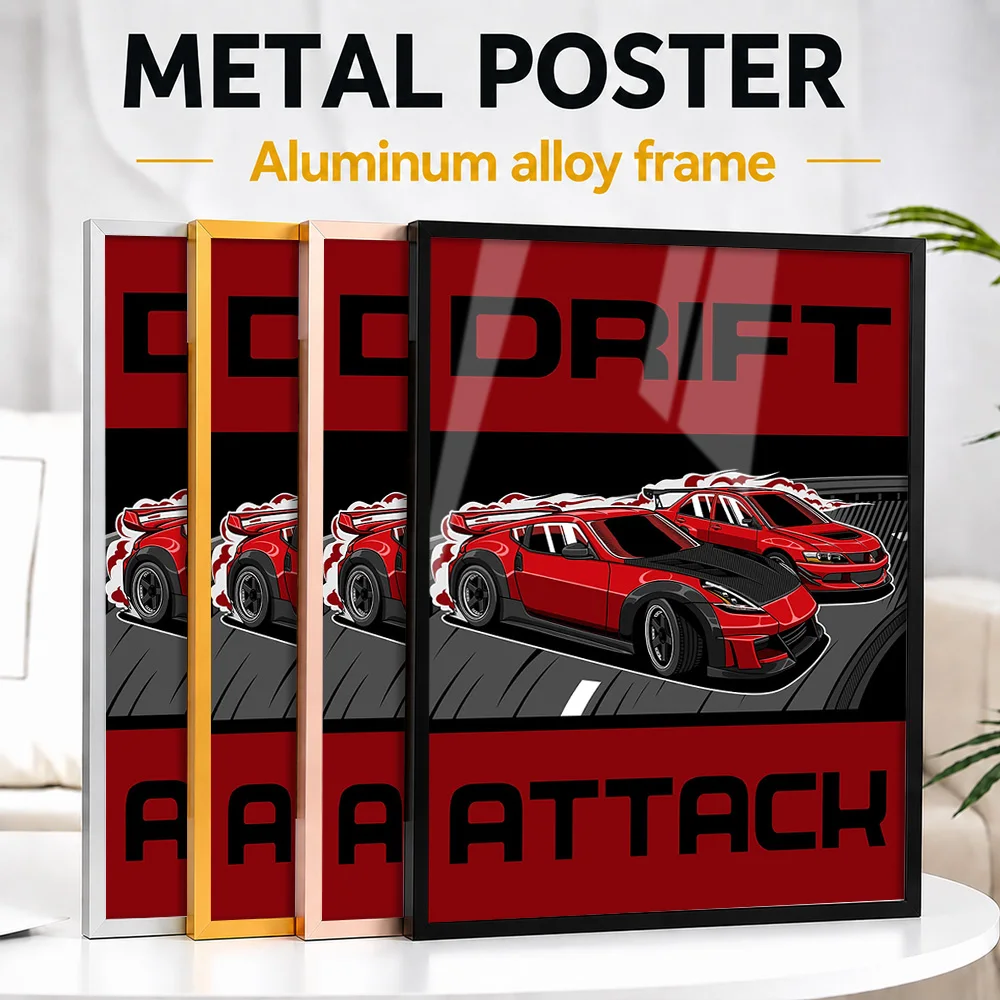 Drift Attack Cars Framed Metal Print Customized Photo Energetic Motion Style Wall Art For Game Room Thoughtful Enthusiast Gift
