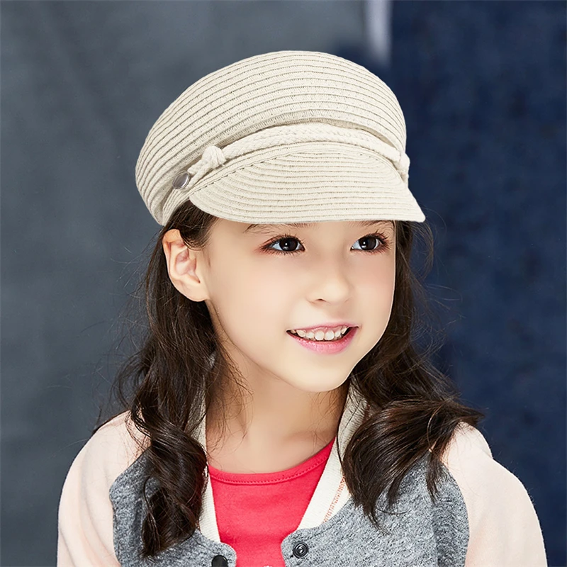 GEMVIE 2024 Fashion Military Hats Outdoor Spring Summer Ring Top Kid Hat Sun Protection Beach Flat Top Straw Hats