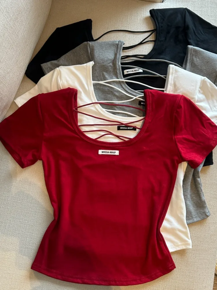 

Hot Girl Style Backless Cross Tie Short Sleeve T-Shirt Women's Slim Fit Summer New Versatile Padded Shoulder Short Top