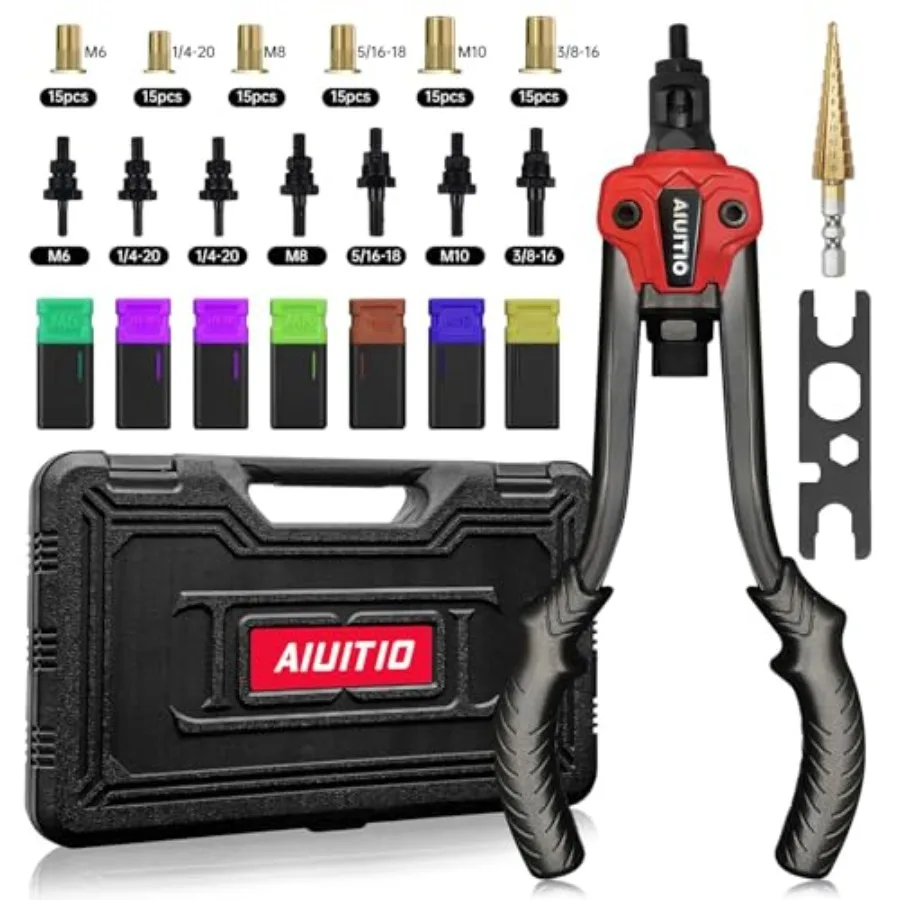 

Rivet Nut Tool with a Step Drill Bit and 90 Rivnuts 13" Heavy Duty Rivnut Tool Kit with 7 SAE and Metric Mandrels Threaded Inse