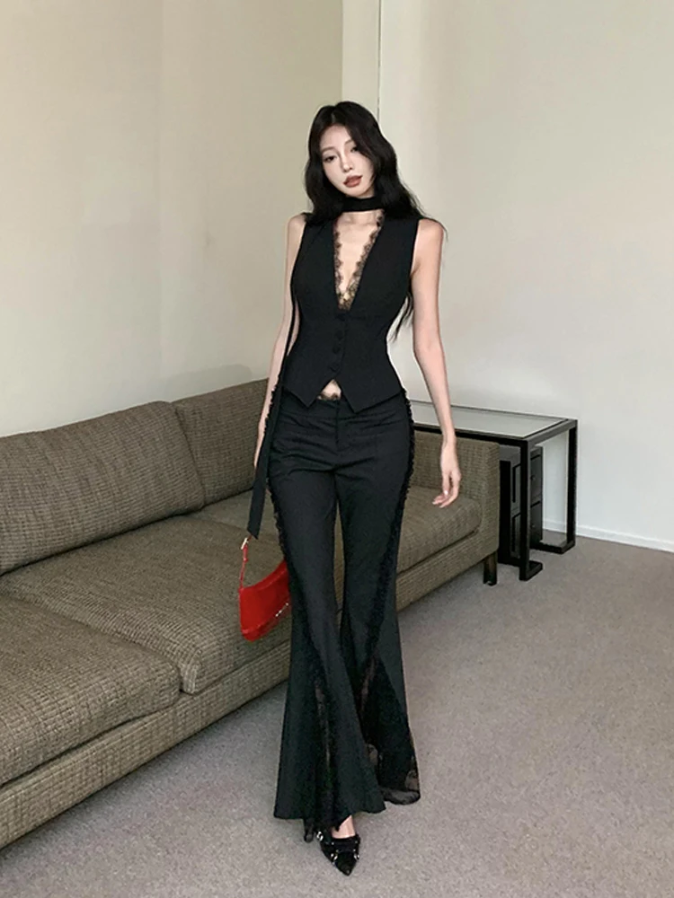 

Vintage Korean Retro High Street Lace Stitching Sleeveless Vest Lace-up + Flare Pants black Suit 2 Pieces Sets Y2k Suit