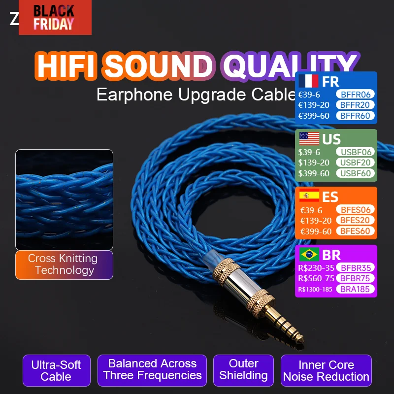 ZiSin-19 8 Core  HiFi Earphone Cable With 4.4mm 6.35mm MMCX QDC 2Pin IE900 For Bravery Olina Youth M5 NeZha GK200 Bravery IEM