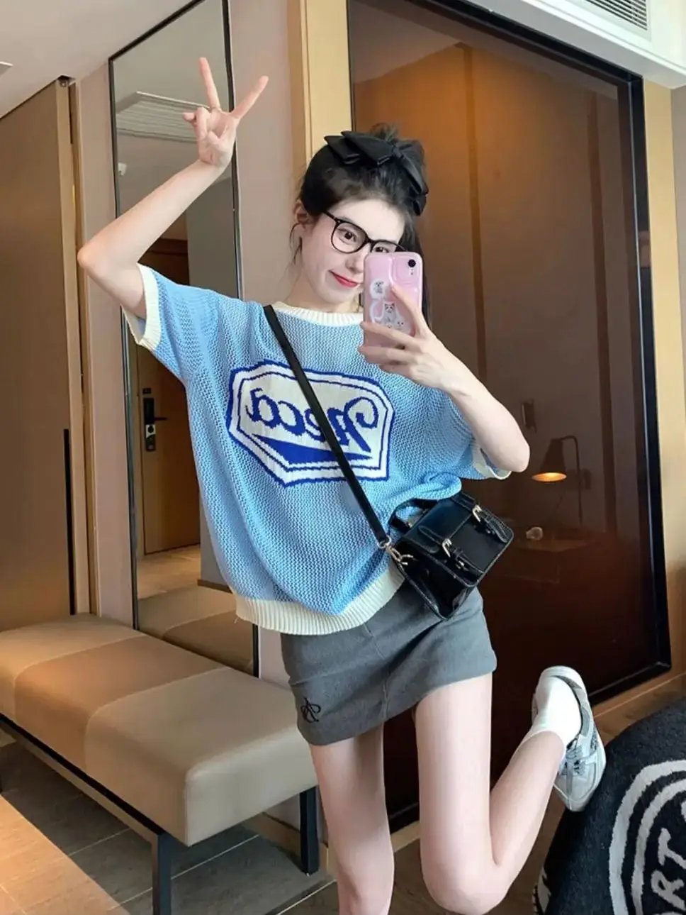 Korea Blue Hollowed Out O-Neck Letter Short Sleeve Women'S Pullover Top Summer T-Shirt Korean Simple Loose Casual