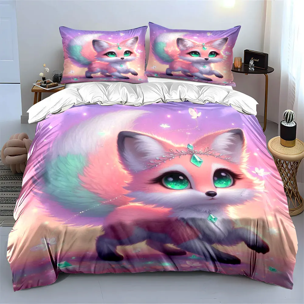 Dreamlike fox with glowing sparkles Duvet Cover Set with 3D Printing Design Soft Polyester Bedding Set All-Season Comfort