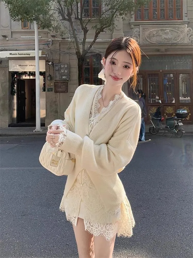 

Ele Шерстяной вязаный открытый кардиган Топ Кружевной прозрачный комплект из двух предметов French Sle Long Sve V-ne Вышитый