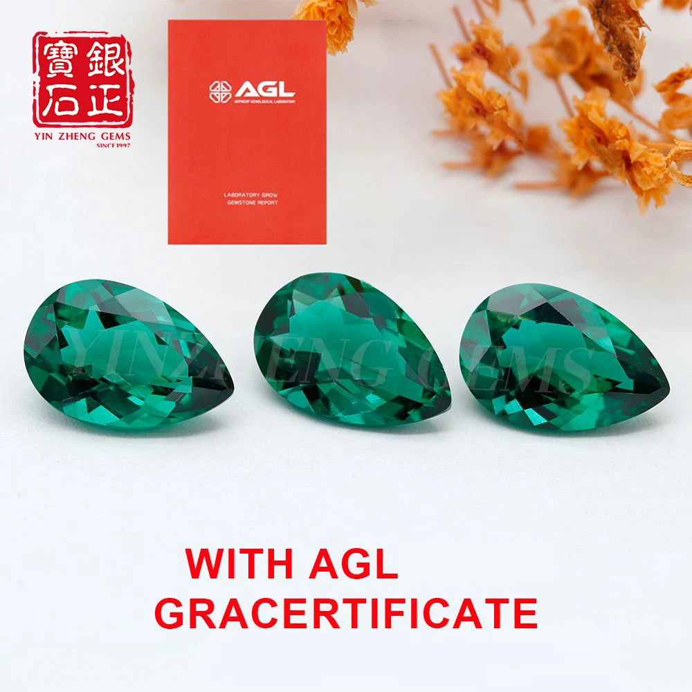 Lab Grown Zambian Emerald Pear Shape Hydrothermal Hand Cutting Cut with Cracks Inclusions Inside Selectable AGL Certificate